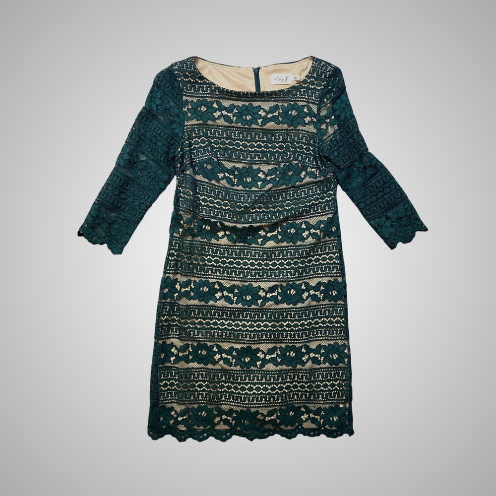 Eliza J Sheath Dress Womens 4‎ Green Excellent Floral Lace 3/4 Sleeve NO6M0808
